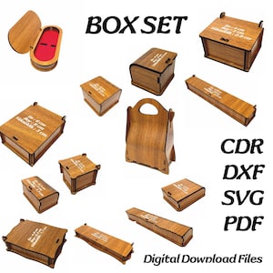 Paquete de caja y cubierta cortadas con láser Caja de regalo Archivos DXF SVG Plan de corte láser Glowforge 13 piezas