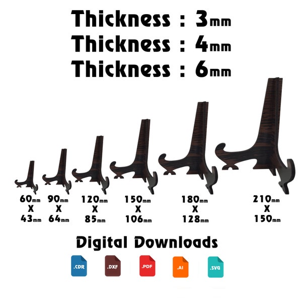 3mm and 4mm and 6mm Laser cut Easel Stand 6 size, Plate Stand, Photo Frame Display, Glowforge laser cut svg file