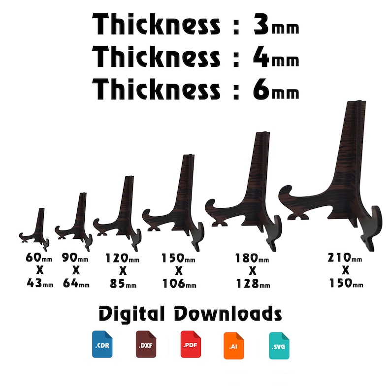 3mm and 4mm and 6mm Laser cut Easel Stand 6 size, Plate Stand, Photo Frame Display, Glowforge laser cut svg file image 1