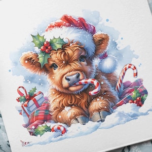 Mignon bébé Highland Cow Noël avec chapeau rouge en téléchargement numérique PNG, Joyeux Noël Baby Highland Cow TShirt Design, Sublimation XMAS