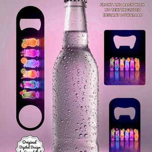 Könnte beinhalten: Ein digitales Design für einen Flaschenöffner mit farbenfrohen Cocktail-Illustrationen. Das Design enthält den Text "BOTTLE OPENER SUBLIMATION PNG FITS 3 SIZES" und "FRONT AND BACK WITH NO TEXT INCLUDED INSTANT DOWNLOAD".