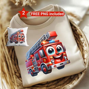 Cute Cartoon smiling Fire Truck PNG,Fire Truck TShirt Sublimation Design , Kids Digital Download for Shirts & Pillows, Firefighter Gift