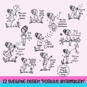 SVG Schneidedatei mit 12 positiven Affirmationen Wordarts in Deutsch für Plotterprojekte, Wasserschiebefolie für Kerzen oder Laser. Mehrschichtig oder einfarbig, mit sauberem Pfadaufbau für leichtes Entgittern. Kompatibel mit Cricut Design Space, Silhouette Studio (Designer Edition) und Brother ScanNCut. Geeignet für Flex/HTV, Vinyl-Decals und Textilien. Perfekt für liebevolle Geschenke für Freundinnen, Kolleginnen zum Geburtstag oder auch um einfach nur mal "Ich denke an Dich" zu sagen.