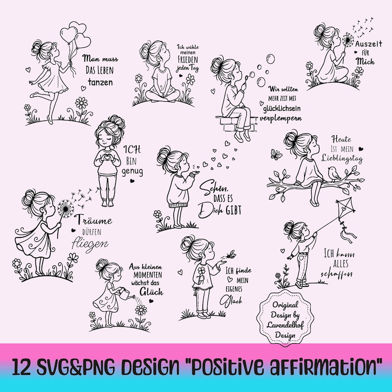 SVG Schneidedatei mit 12 positiven Affirmationen Wordarts in Deutsch für Plotterprojekte, Wasserschiebefolie für Kerzen oder Laser. Mehrschichtig oder einfarbig, mit sauberem Pfadaufbau für leichtes Entgittern. Kompatibel mit Cricut Design Space, Silhouette Studio (Designer Edition) und Brother ScanNCut. Geeignet für Flex/HTV, Vinyl-Decals und Textilien. Perfekt für liebevolle Geschenke für Freundinnen, Kolleginnen zum Geburtstag oder auch um einfach nur mal "Ich denke an Dich" zu sagen.
