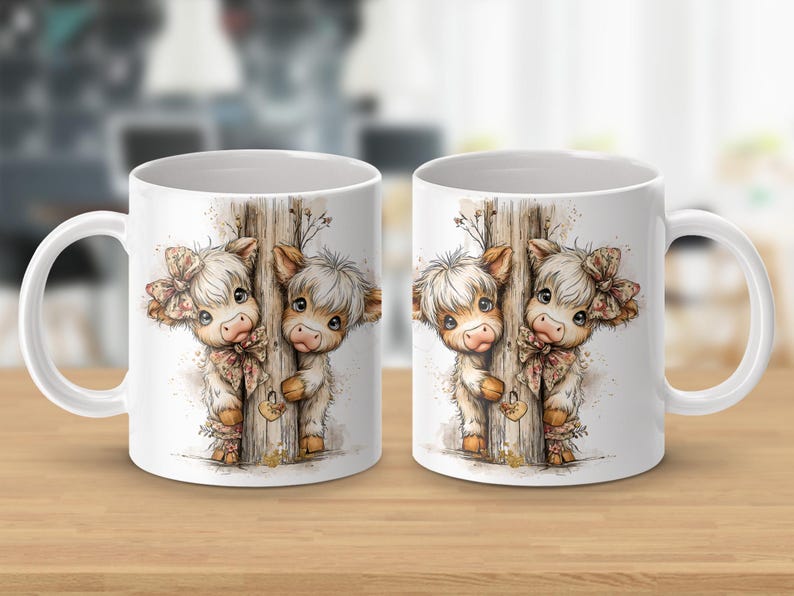 May include: White ceramic coffee mug featuring a watercolor illustration of two adorable Highland cows peeking from behind a wooden post. The cows have fluffy white fur, brown ears, and wear floral bows. A charming gift for cow lovers.