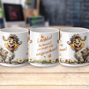Lama Alpaka Clipart Illustration in whimsical Stil auf weißer Tasse mit deutschem Spruch, Geschenkidee für humorvolle Menschen.