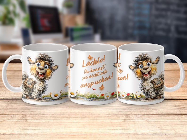 Lama Alpaka Clipart Illustration in whimsical Stil auf weißer Tasse mit deutschem Spruch, Geschenkidee für humorvolle Menschen.