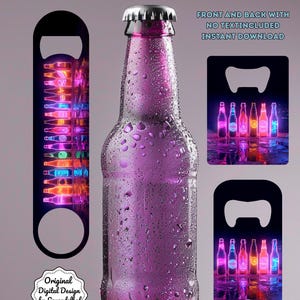 Könnte beinhalten: Eine lila Flasche mit Wassertropfen, ein Flaschenöffner und zwei Flaschenöffner-Designs. Die Flaschenöffner-Designs zeigen neonbeleuchtete Flaschen. Der Text auf dem Bild lautet "Bottle Opener Sublimation PNG Fits 3 Sizes."