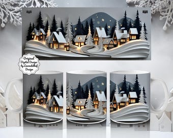 3D Papercut Winter Village Christmas • Coffee Mug Sublimation Design • Sublimation Design 11oz Mug Wrap PNG Digital Print File Download