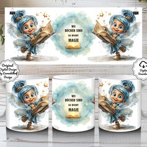 Magische feeënmok met boek-sublimatieontwerp, Duitse koffiemok PNG voor 325 ml, boekmok, cadeau, lezende fee, digitale print, DTF-bestand
