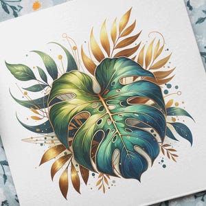 12 feuilles de Monstera disposées avec des reflets dorés. Téléchargement numérique Fichier PNG Clipart 2500 pixels