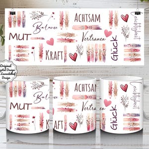 Taza de 11 oz con diseño de afirmación de atención plena, sublimación PNG en alemán, flores, coraje, felicidad, confianza, frases positivas, impresión DTF digital.