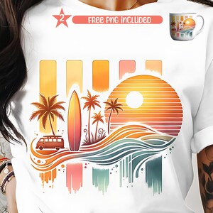 Imagine cruising down the coast, feeling the salty breeze in your hair as the sun sets over the horizon. This retro-inspired beach design captures the freedom of summer, blending warm sunset hues with palm trees, ocean waves, and a classic surf van. The perfect digital download for beach lovers, surfers, and summer dreamers!