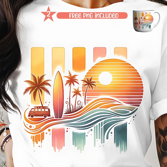 Retro Strand PNG, Sommer Vibes Sublimation Design, Surf TShirt & Tasssen Clipart, Sonnenuntergang Digital Download,Retro Beach Camper Design