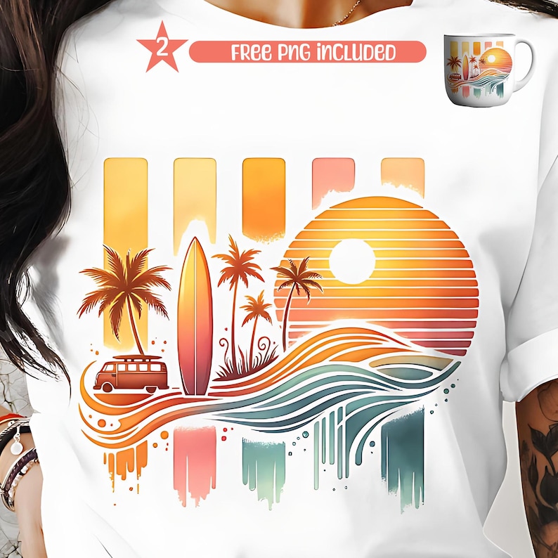 Imagine cruising down the coast, feeling the salty breeze in your hair as the sun sets over the horizon. This retro-inspired beach design captures the freedom of summer, blending warm sunset hues with palm trees, ocean waves, and a classic surf van. The perfect digital download for beach lovers, surfers, and summer dreamers!