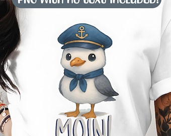 Diseño PNG de gaviota MOIN, divertida gaviota costera con sombrero de capitán, refrán del norte de Alemania para sublimación, archivo de camiseta, motivo de taza, plotter de impresión digital