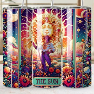 Tarocchi "Il Sole" 20oz Skinny Tumbler Wrap png, Design luminoso della carta dei Tarocchi, Sublimazione PNG Download digitale Interpretazione "Il Sole"