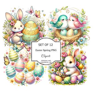 Ensemble de 12 PNG clipart printemps de Pâques - Lapin, oiseaux, papillons et œufs de Pâques, téléchargement numérique de Pâques floral fantaisiste, dessins de Pâques mignons