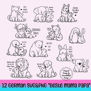 Könnte beinhalten: Eine Sammlung von 12 schwarz-weißen SVG- und PNG-Designs mit verschiedenen Tieren, jeweils mit Eltern und Kind. Der deutsche Text enthält Sätze wie "Beste Mama", "Bester Papa" und "Danke".