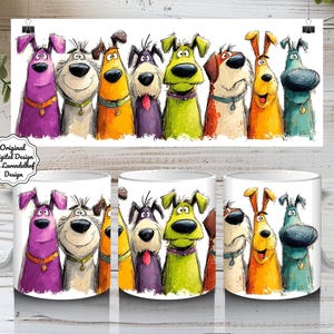 May include: White ceramic coffee mugs with a colourful cartoon dog design. The design features a row of various dogs in different colours, with the text "Original Digital Design by Lavendelhof Design". The mugs are displayed with a matching poster.