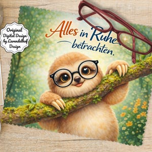 Könnte beinhalten: Eine skurrile Illustration zeigt ein Faultier mit Brille auf einem moosbewachsenen Ast. Der Text "Alles in Ruhe betrachten" ist enthalten. Eine bordeauxfarbene Brille liegt darüber. Das Design hat einen grünen Hintergrund.