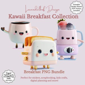 Könnte beinhalten: Digitale Illustration einer Kawaii-Frühstückskollektion mit einer lächelnden Kaffeetasse, einem Toaster mit Toast und einem Mixer mit Erdbeere und Brombeere. Das Bild enthält den Text "Breakfast PNG Bundle" und "Perfect for stickers, scrapbooking, kids crafts, digital planning and more!"