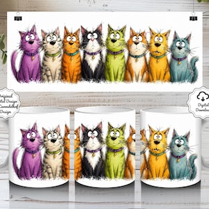 May include: Three white ceramic mugs featuring a repeating illustration of eight colorful cartoon cats with wide eyes and collars. The cats are purple, grey tabby, orange, black and white, green, light orange, yellow, and blue. Text reads Original Digital Design by Lavendelhof Design and Digital Download.