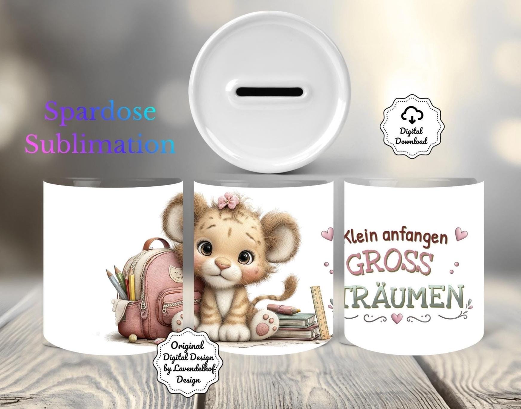 Spardose Einschulung niedlicher Tiger Design Schulkind deutsch gross träumen PNG Geschenkidee Kaffee Becher Sublimation Datei Digital Druck