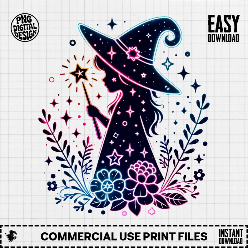 Witch Silhouette Digital Art, Mystical Fantasy PNG, Commercial Use, Instant Download, Celestial Witchcraft Design for Printing