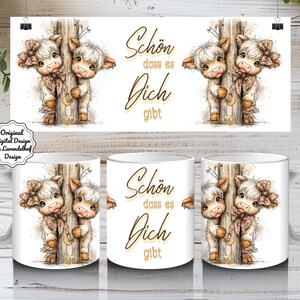 11oz Tassen Wrap mit zwei niedlichen Baby Highland Kühen und dem deutschen Schriftzug „Schön, dass es Dich gibt“. Digitales Sublimationsdesign zum Bedrucken von Tassen, perfekt als Geschenkidee für Paare und Verliebte, Freunde oder Familie. Humorvolles Paar Design für originelle Sublimationsprojekte, Geburtstage oder den Alltag.Instant digital products download png.