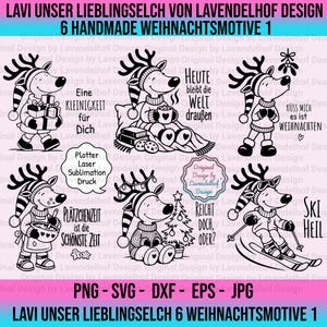 Könnte beinhalten: Ein digitales Grafikset mit sechs schwarz-weißen Illustrationen eines Rentier-Charakters in verschiedenen Weihnachtsszenen mit deutschem Text. Die Motive zeigen Geschenke, Kakao, Mistelzweig, Backen, einen Weihnachtsbaum und Skifahren sowie Dateiformate.