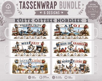 May include: A digital bundle of six mug wrap designs featuring coastal themes with seagulls, lighthouses, and nautical elements. The text includes phrases like FISCHERS FRITZ, AHOI, MEERZEIT, MOIN IHR KRABBEN, OSTSEELIEBE, and NORDSEELIEBE in a decorative layout.