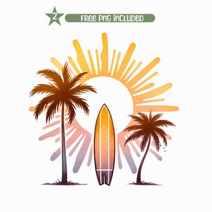May include: A watercolour illustration of a sunset with two palm trees and a surfboard. The sun is a bright orange and yellow, with rays of light extending out from it. The palm trees are silhouetted against the sunset, and the surfboard is standing upright in front of them.