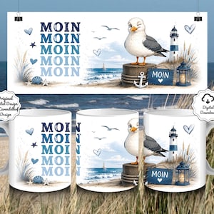 May include: White ceramic mug with a coastal design featuring a winking seagull, lighthouse, and the word "MOIN" in blue. The design includes hearts, stars, and seashells. The mug is displayed with a matching banner.
