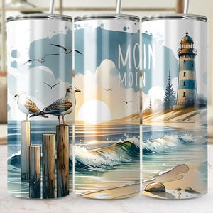 Moin Moin 20oz Tumbler Design with North Sea Motif: Seagulls, Lighthouse and Sea in Pastel Colors, Digital Products Moin Moin Sublimation PNG