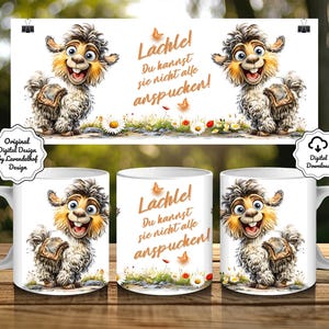 Ein Lavendelhof Design Kaffeebecher mit lustigem Lama oder Alpaka Design, humorvoller Spruch:Lächle! Du kannst sie nicht alle anspucken! mit Blumen und Schmetterlingen als instant digital products download png. DIY Sublimation als Geschenk für Kollegen, Kollegin, beste Freundin, zur Motivation, Familie und Freunde.