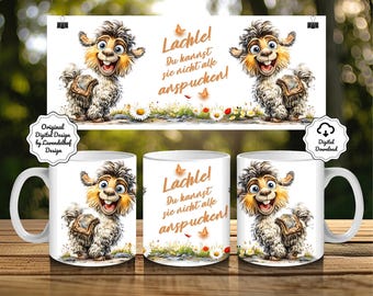 Llama Alpaca Smile! Spitting • Coffee Mug Design German 11oz Positive Gift Colleague • Sublimation Design Mug Wrap PNG Digital