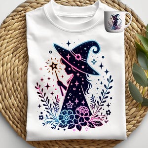 Niedliche Hexe Kinder Shirt Design im Neon-Stil mit Blumen und Sternen. Digitales Halloween Motiv, ideal für Sublimation, Sticker, T-Shirts. Cute neon witch kids shirt sublimation PNG with flowers and sparkles. Instant digital products download png.