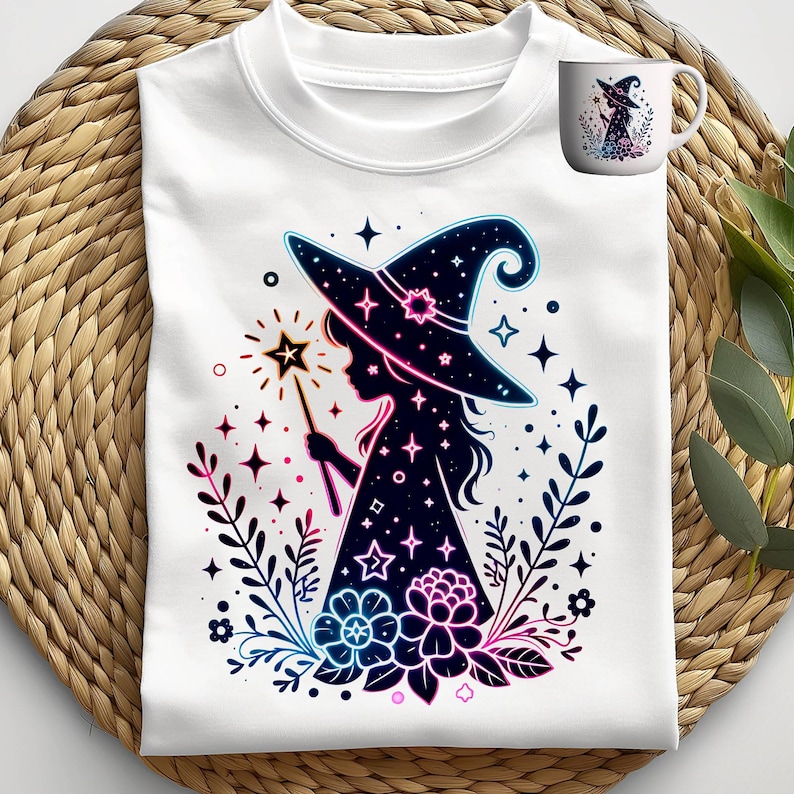 Niedliche Hexe Kinder Shirt Design im Neon-Stil mit Blumen und Sternen. Digitales Halloween Motiv, ideal für Sublimation, Sticker, T-Shirts. Cute neon witch kids shirt sublimation PNG with flowers and sparkles. Instant digital products download png.