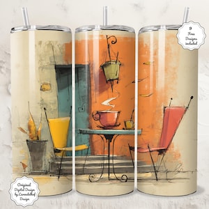Könnte beinhalten: Drei isolierte Edelstahlbecher mit einem Aquarelldesign, das eine Cafészene darstellt. Das Design zeigt einen Tisch, Stühle und eine Kaffeetasse. Die Becher haben einen Strohhalm und den Text "9 Free Designs included".