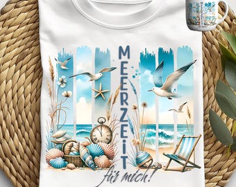 Sea time for me – maritime T-shirt & mug design png, watercolor coastal motif, sea beach love sublimation design