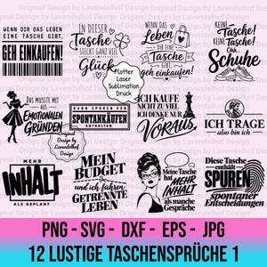 Puede incluir: Una colección digital de doce diseños gráficos en negro con texto en alemán sobre compras y bolsos, incluyendo ilustraciones de una mujer, una pieza de ajedrez, zapatos y una huella dactilar, en formatos de archivo como PNG, SVG y DXF.