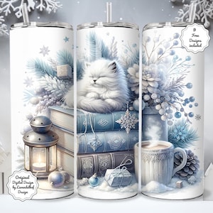 Mug isotherme 20 oz avec un adorable chat, idéal pour la lecture en hiver. Fichier DTF pour impression par sublimation, cadeau numérique pour les amoureux des chats.