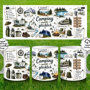 Könnte beinhalten: Ein weißer Keramikbecher mit einer detaillierten Camping-Illustration, die Berge, ein Wohnmobil, ein Lagerfeuer, einen Kompass und Wanderstiefel zeigt. Das Design enthält deutschen Text wie Camping macht glücklich, Meine Camping-Regeln und verschiedene Outdoor-Symbole. Das Motiv ist auf drei Tassen abgebildet und zeigt das vollständige Rundum-Design.