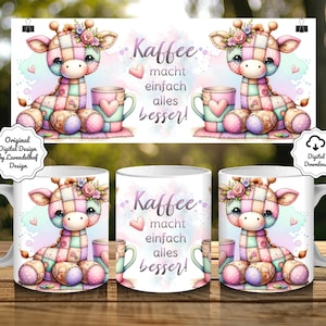 Capa para caneca de 325ml com estampa fofa de girafa em patchwork. Arquivo PNG para sublimação digital com frase em alemão. Design para caneca de café. Impressão digital DTF.