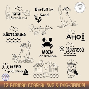 Könnte beinhalten: Eine Sammlung von 12 deutschen Küsten-Designs im SVG- und PNG-Format. Die schwarz-weißen Illustrationen zeigen einen Seehund, eine Krabbe, einen Leuchtturm, ein Segelboot und Texte wie "Strandjunge" und "Meerweh".
