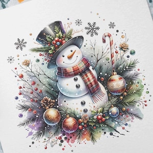 10 bonhommes de neige mignons et magiques avec un fond de Noël dans un style aquarelle Bundle PNG, Mugs Sublimation Snowman Télécharger le design