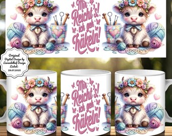 Bonita vaca bebé de las Tierras Altas. Ya tuve suficiente. Voy a tejer a crochet un envoltorio para taza de 11 oz, diseño de taza de café por sublimación, archivo de impresión digital DTF.