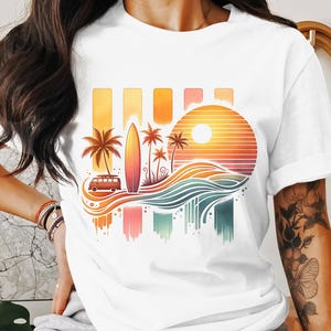 Retro beach sublimation design featuring a vintage surf van, palm trees, ocean waves, and a sunset in warm pastel tones. Perfect for T-shirts, mugs, and summer-themed print projects.