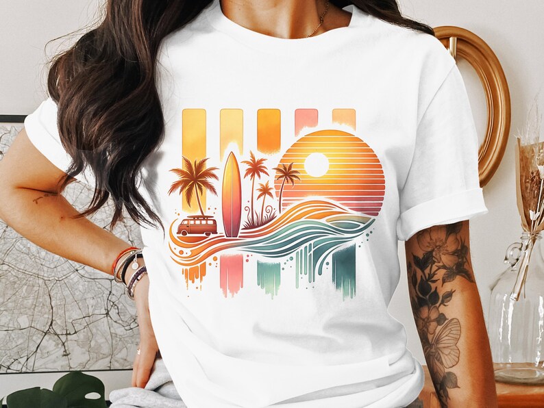 Retro beach sublimation design featuring a vintage surf van, palm trees, ocean waves, and a sunset in warm pastel tones. Perfect for T-shirts, mugs, and summer-themed print projects.